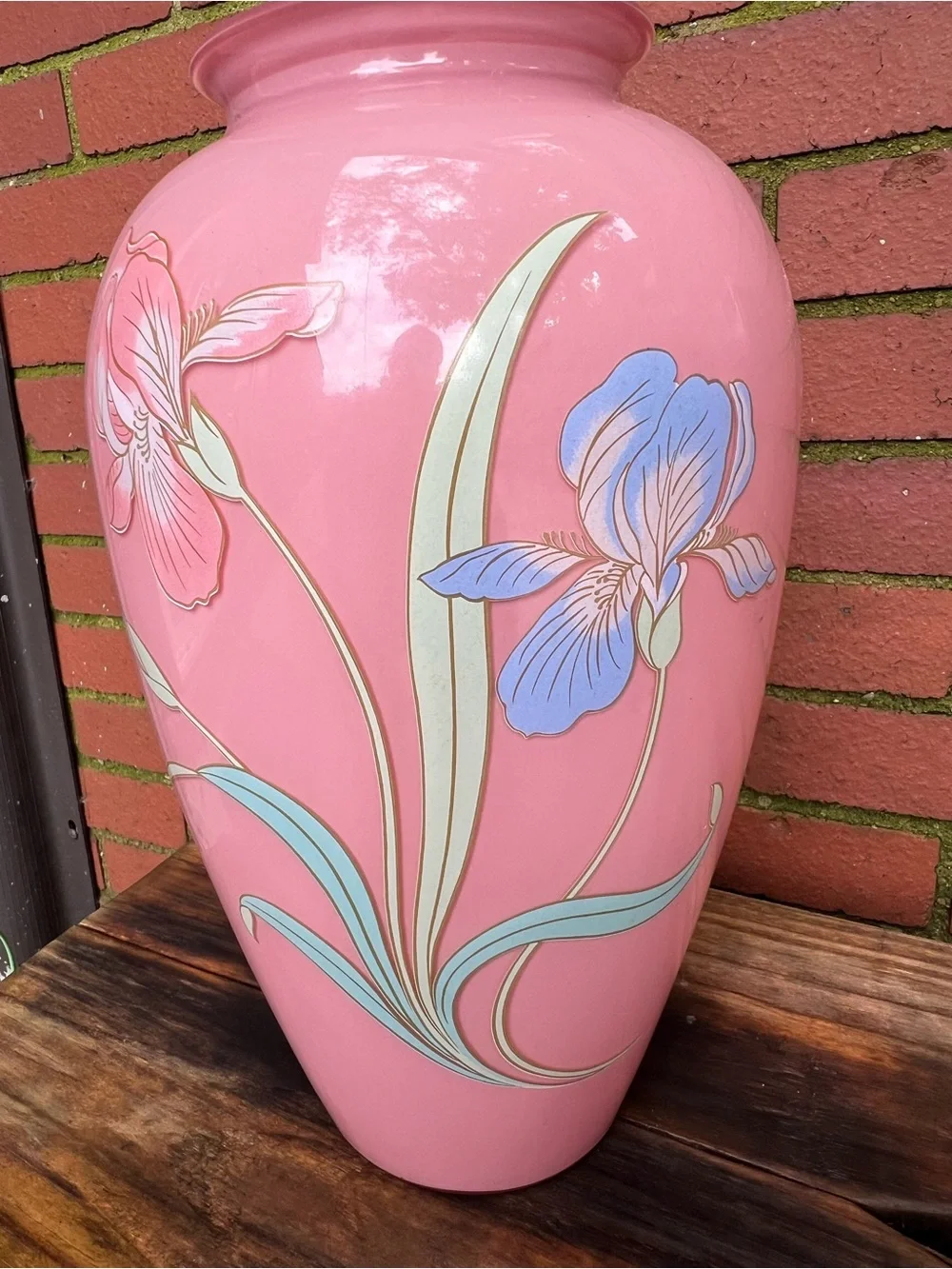 Vintage 1980s Pink Ceramic Floor Vase with Hand-Painted Art Deco Iris Design